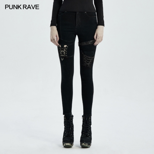 Punk knee deconstructed hollow denim trousers WK-468NCF