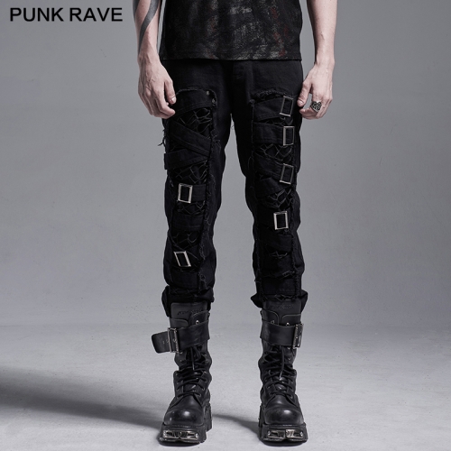 Punk Rave WK-450XCM Gothboy Decadent Pants Irregular Japanese Word Buckle Decoration Punk Decadent Trousers