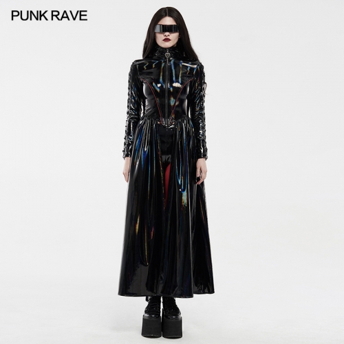 Punk Rave Knife Split Design Front Split Zip With Metal Pendant WY-1213LCF Original Brand Cyber Rococo Laser Ladies Long Coat Long Sleeve Dress