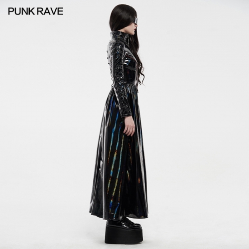 Punk Rave Knife Split Design Front Split Zip With Metal Pendant WY-1213LCF Original Brand Cyber Rococo Laser Ladies Long Coat Long Sleeve Dress