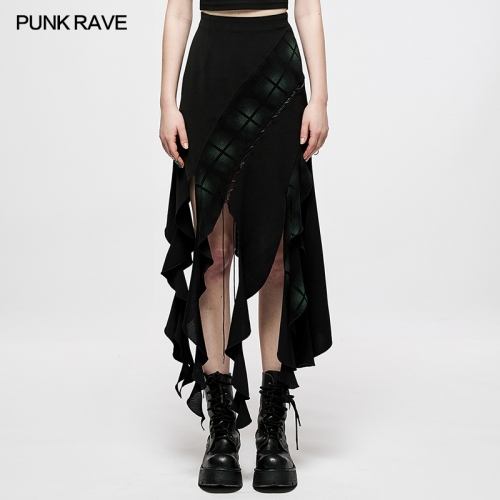 Dark Irregular Ruffles Tassel Plaid Contrast Long Skirt OQ-004DQF