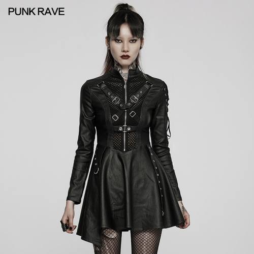 Punk Rave WQ-582LQF Faux Leather Asymmetric Skirt Hem Sexy Long Sleeve Cool Fashion Dress