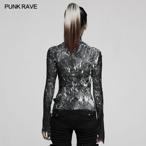 Punk Rave Dark Women Crimped Unique Texture Black Cool Long Sleeve T-Shirt