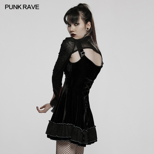 Punk Rave WQ-569BQF Gothic Playful Red Plaid Webbing Waist Circumference Two Piece Girls Dress