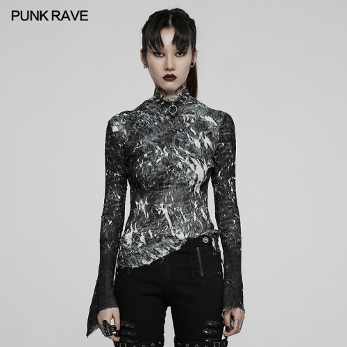 Punk Rave Dark Women Crimped Unique Texture Black Cool Long Sleeve T-Shirt