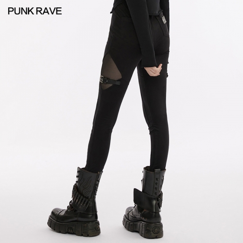 Punk Rave ODM Comfortable Elastic Waistband Daily Velvet Splicing Mesh Perspective Slim Leggings OPK-496DDF