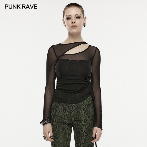 Punk Rave Dropshipping False Two-Piece Design Oblique Slit Fitting Long-Sleeved Mesh T-Shirt OPT-866TCF