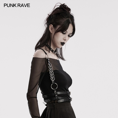 Punk Rave WS-610BDF Multiple Metal Rings Double Shoulder Straps With Adjustable Loops At The Waist Side Artificial Leather Punk Harness