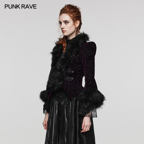 Punk Rave WY-1513XCF Manufacture Four Colors Available Plackets And Cuffs Splicing With Woollen Strips Embossed Velvet Goth Short Jacket