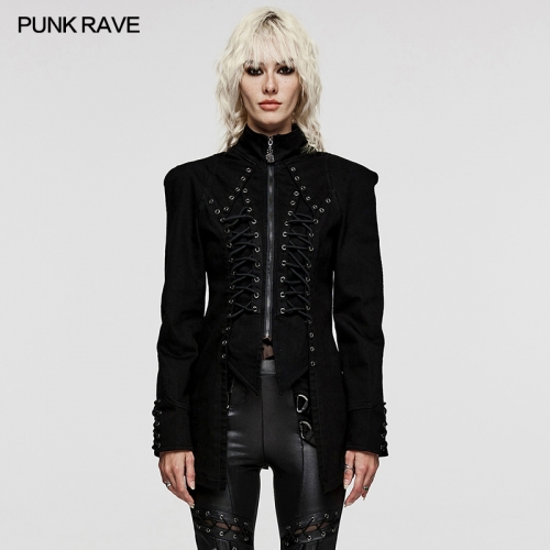 Punk Rave WY-1520XCF Punk Spinal Cortical Webbing Slit Cuffs And Eyelet Drawstring Decoration Leg-Of-Mutton Sleeve Design Denim Jacket