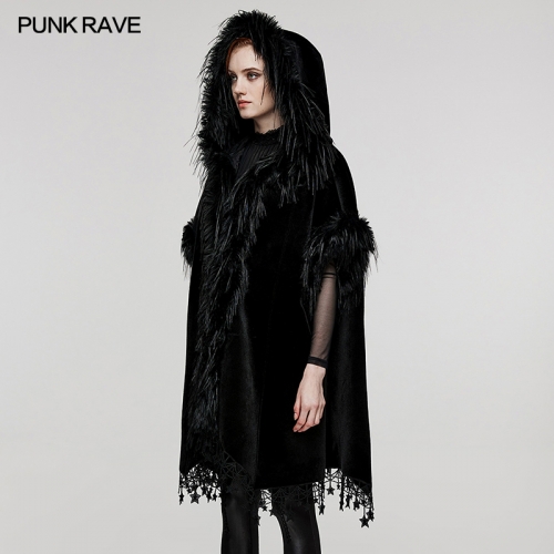 Punk Rave WY-1519DPF Flowing Long And Short Hairs Goth Loose Hooded With Bat Sleeves Woven Fabric With Cashmere Texture Bat Cloak
