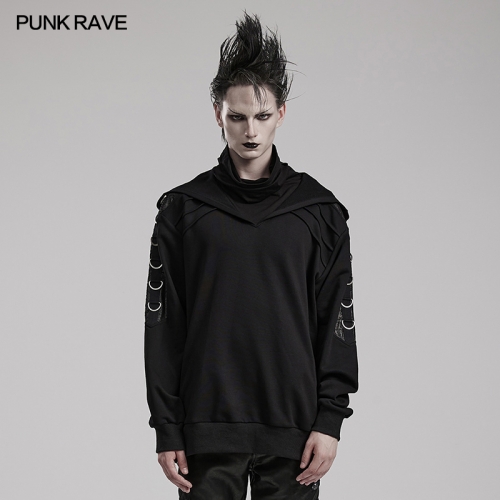 Punk Rave Hooded And Super High Extension Collar Buckle Arrayed Micro-Stretch Jersey And Crackled Faux Leather Fabric Punk Distinctive Loose Sweater