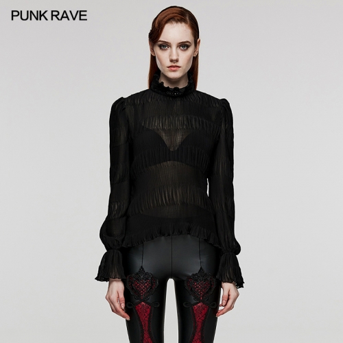 Punk Rave WT-816TCF Lace Stand Collar With Ruffles Special Processed Textured Crimping Chiffon Fabric Goth Shirt