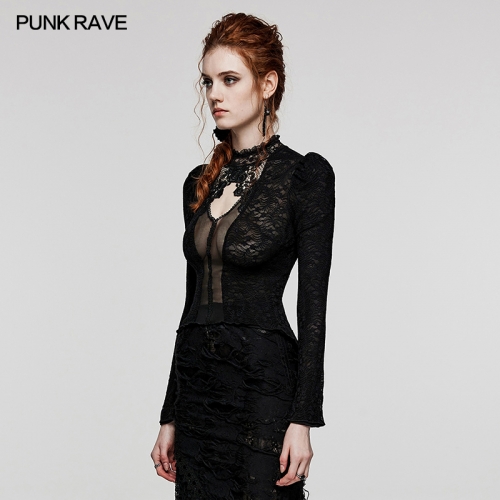 Punk Rave WT-809TCF Rope On Back Waist Delicate Standing Collar With Rose Lace Elastic Lace And Mesh Fabric Gothic Shirt
