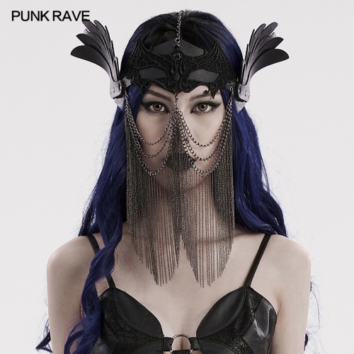 Punk Rave WS-607QTF Handsome Layered Small Wings Embellished With Black Gemstone Spikes Artificial Leather And Lace Punk Chain Mask
