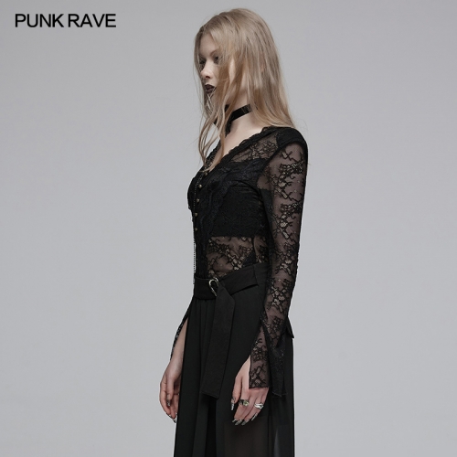 Punk Rave V-Neck Slimming Fit OPT-853TCF Eyelash Lace Trim With Cross-Stitched V-Neck Slimming Fit Gothic Lace Sexy T