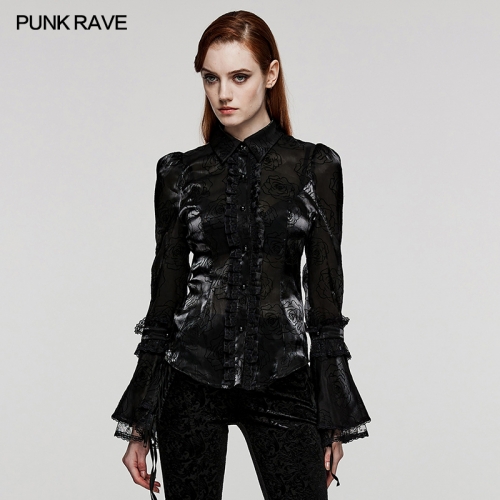 Punk Rave Exquisite Gothic Lace Decoration Rose Patterned Woven Fabric Olita Patterned Flared Sleeves Shirt