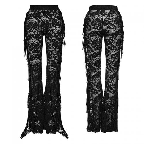 Punk Rave WK-610XCF See-Through Slim-Fitting Flared Trousers Chic Large Flared Leg And Lace On The Hem Goth Lace Trousers