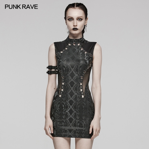 Punk Rave WQ-685LQF Tight Fit With Large Metal Eyelets At The Front And Sexy Hollowed Out At The Waistline Zippered Back Punk Sleeveless Dress